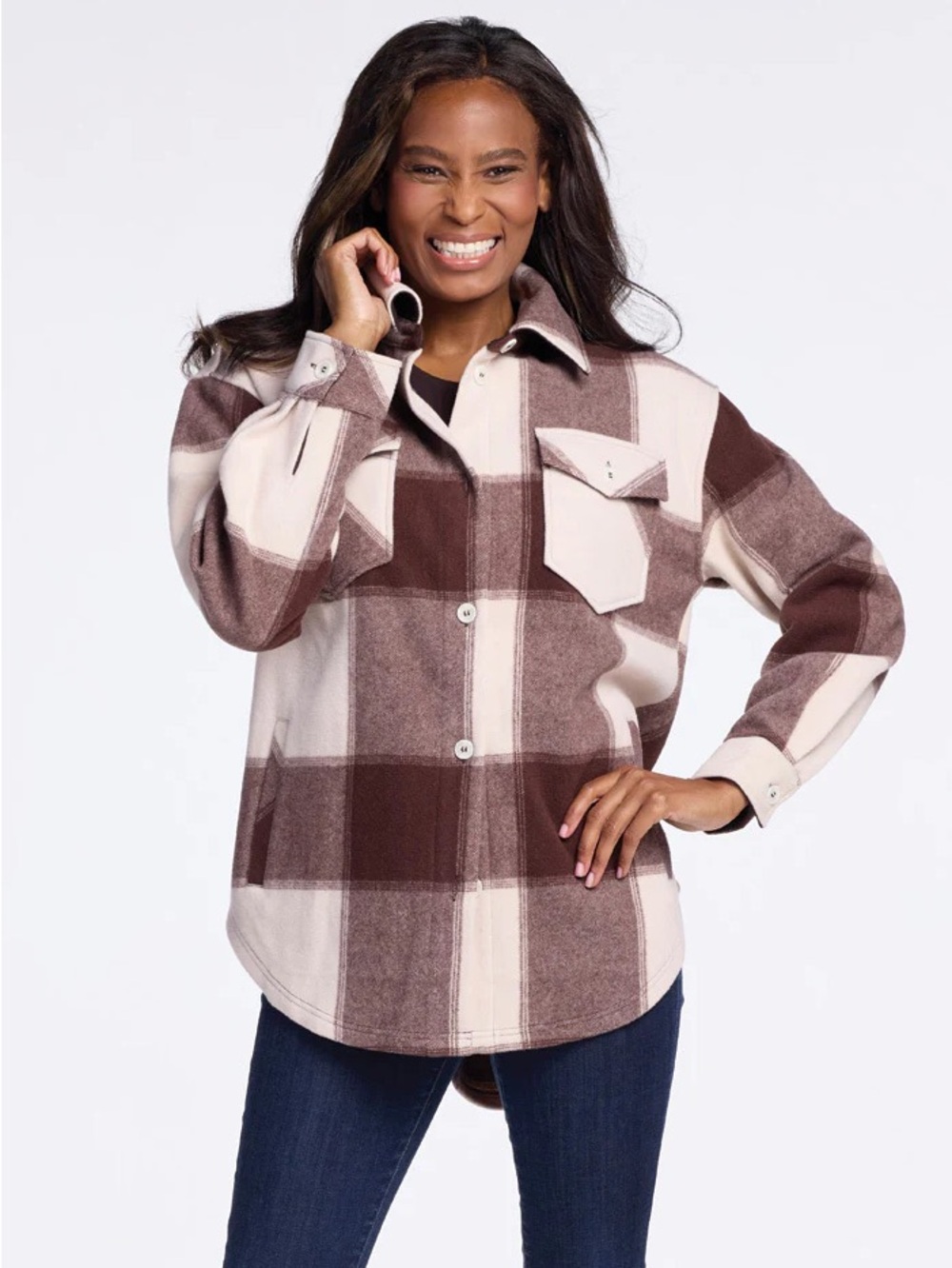 WOOLX Sawyer Shacket Brown & Cream Plaid Women's Jacket - Picture 4 of 6